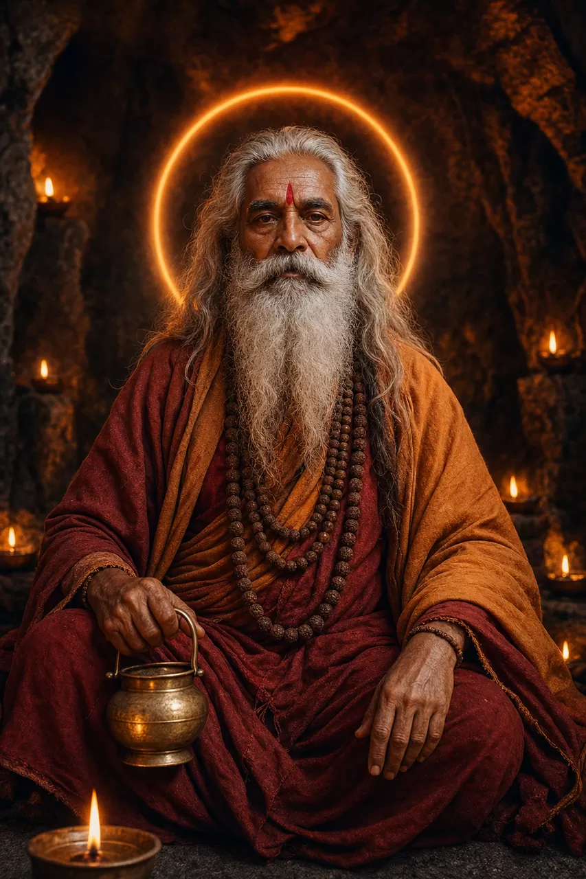 Astrologer Vijayram Guru seated in prayer, a serene expression reflecting 40+ years of Vedic practice