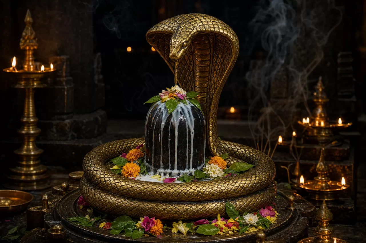 A sacred Naga deity idol with ritual offerings for Kaal Sarp and Pitra Dosh remedies