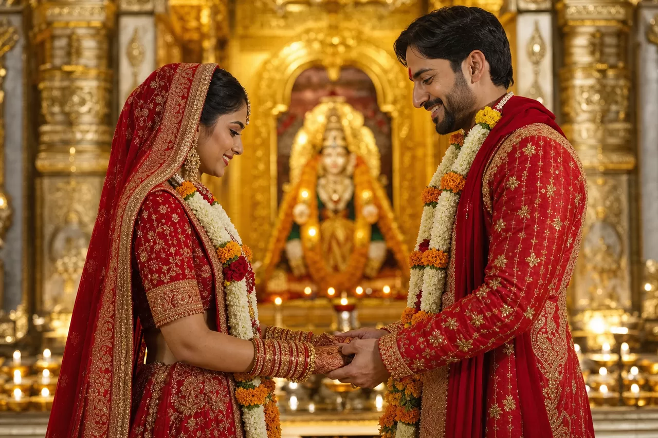 An Indian wedding couple united, representing Vijay Ram ji's marriage problem solutions