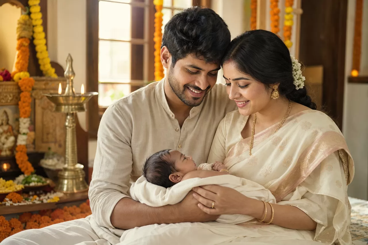A couple gently cradling a newborn, symbolising the hope that santan prapti sadhana brings