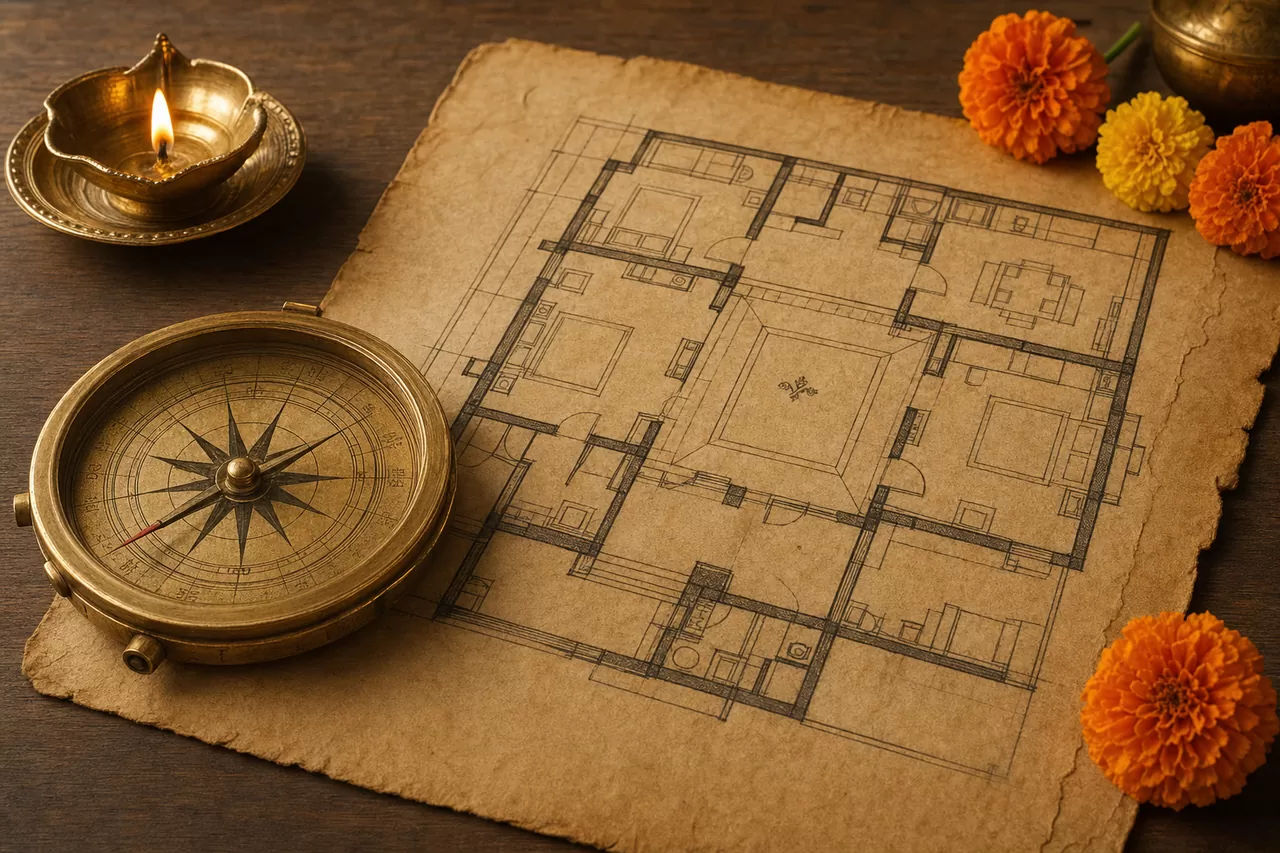 A brass vastu compass and architectural plan used in a Vijay Ram ji vastu consultation